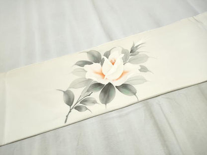 平和屋着物●塩瀬　九寸名古屋帯　作家物　手描き　枝牡丹　正絹　逸品　CABD5840hy