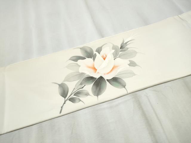 平和屋着物●塩瀬　九寸名古屋帯　作家物　手描き　枝牡丹　正絹　逸品　CABD5840hy