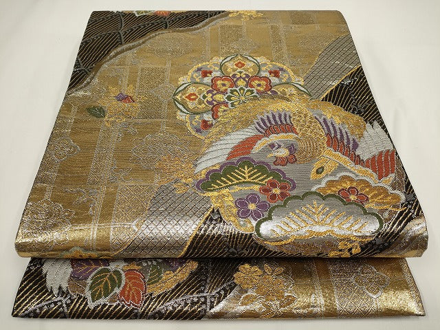 平和屋着物▼六通柄袋帯　道長鳳凰花文　黒地　金銀糸　正絹　逸品　AABF7807wj
