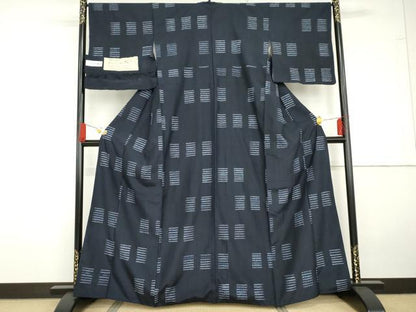 平和屋着物●ぜんまい紬　絞り　藍　変わり横段文　証紙付き　正絹　逸品　AABG5289cs