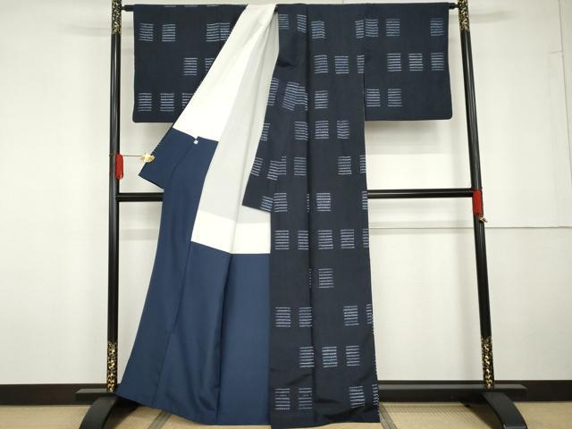 平和屋着物●ぜんまい紬　絞り　藍　変わり横段文　証紙付き　正絹　逸品　AABG5289cs