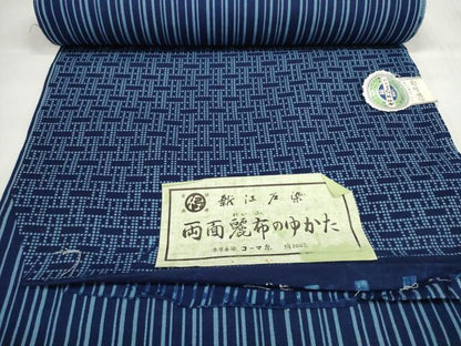 平和屋着物＊夏物　浴衣　反物　着尺　東京本染 新江戸染　両面麗布　変わり格子×間道　綿　逸品　未使用　DABC1528zzz