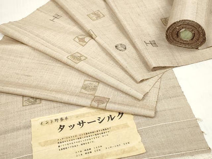 平和屋着物●極上　タッサーシルク　インド野蚕糸　反物　着尺　陶器文　証紙付き　逸品　未使用　DABC1636zzz