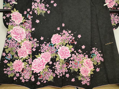 平和屋着物●豪華振袖　作家物　ハート　舞蝶花文　黒地　銀通し地　正絹　逸品　DABC3243az