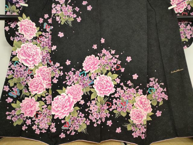 平和屋着物●豪華振袖　作家物　ハート　舞蝶花文　黒地　銀通し地　正絹　逸品　DABC3243az