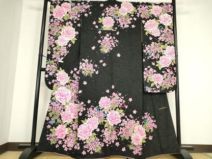 平和屋着物●豪華振袖　作家物　ハート　舞蝶花文　黒地　銀通し地　正絹　逸品　DABC3243az
