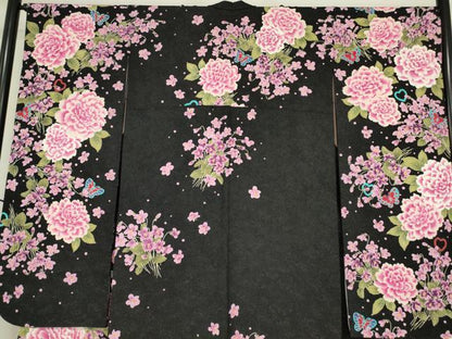 平和屋着物●豪華振袖　作家物　ハート　舞蝶花文　黒地　銀通し地　正絹　逸品　DABC3243az