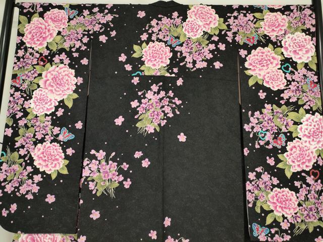 平和屋着物●豪華振袖　作家物　ハート　舞蝶花文　黒地　銀通し地　正絹　逸品　DABC3243az