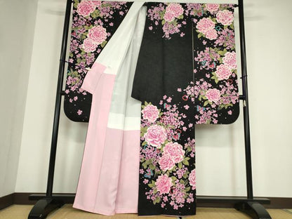 平和屋着物●豪華振袖　作家物　ハート　舞蝶花文　黒地　銀通し地　正絹　逸品　DABC3243az