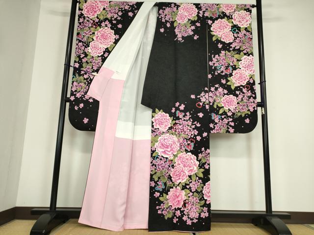 平和屋着物●豪華振袖　作家物　ハート　舞蝶花文　黒地　銀通し地　正絹　逸品　DABC3243az