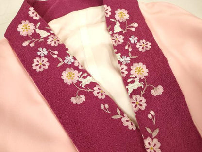 平和屋着物●振袖用長襦袢　袷　半襟刺繍　桜に兎　正絹　逸品　DABC3263az