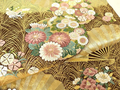 平和屋着物▼六通柄袋帯 花の丸扇面 唐三彩 金糸 正絹 逸品 DABC3321az