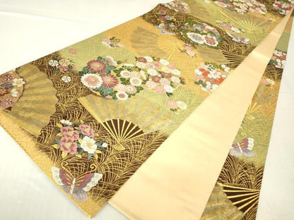 平和屋着物▼六通柄袋帯 花の丸扇面 唐三彩 金糸 正絹 逸品 DABC3321az
