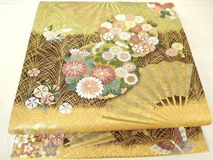 平和屋着物▼六通柄袋帯 花の丸扇面 唐三彩 金糸 正絹 逸品 DABC3321az