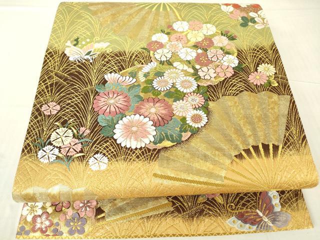 平和屋着物▼六通柄袋帯 花の丸扇面 唐三彩 金糸 正絹 逸品 DABC3321az