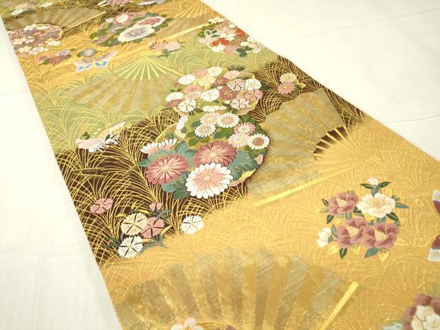 平和屋着物▼六通柄袋帯 花の丸扇面 唐三彩 金糸 正絹 逸品 DABC3321az