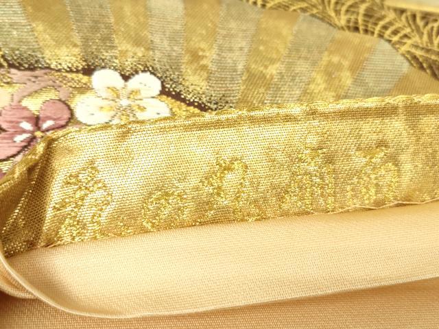 平和屋着物▼六通柄袋帯 花の丸扇面 唐三彩 金糸 正絹 逸品 DABC3321az
