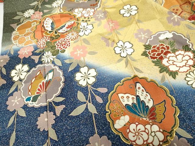 平和屋着物●豪華振袖　駒刺繍　雪輪花蝶文　暈し染め　金彩　正絹　逸品　AABG5400cs