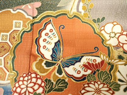 平和屋着物●豪華振袖　駒刺繍　雪輪花蝶文　暈し染め　金彩　正絹　逸品　AABG5400cs