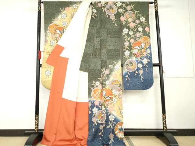 平和屋着物●豪華振袖　駒刺繍　雪輪花蝶文　暈し染め　金彩　正絹　逸品　AABG5400cs