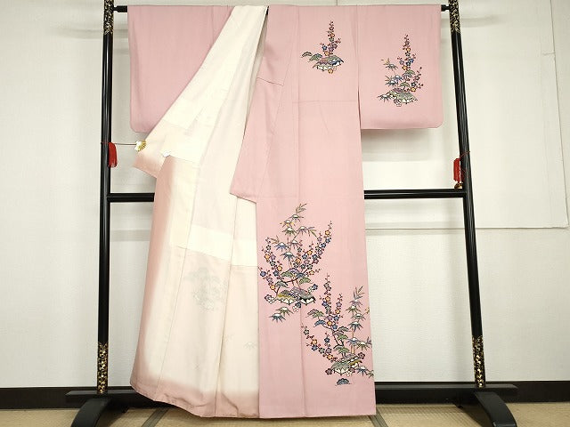 平和屋着物●本場琉球紅型　琉球びんがた　知念紅型研究所　知念貞男　訪問着　松竹梅　風景文　正絹　逸品　AABG5435cs