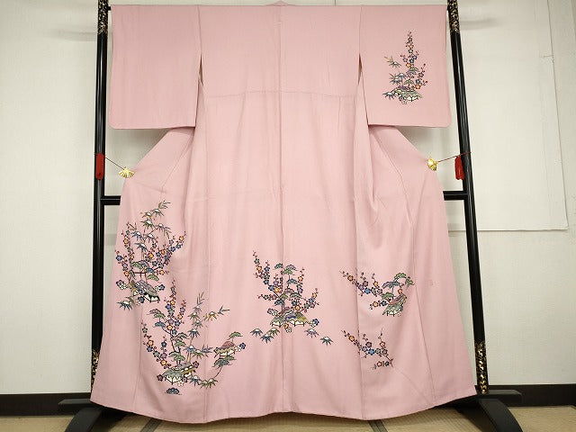 平和屋着物●本場琉球紅型　琉球びんがた　知念紅型研究所　知念貞男　訪問着　松竹梅　風景文　正絹　逸品　AABG5435cs