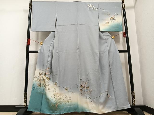 平和屋着物●訪問着　流水枝花文　暈し染め　金銀彩　正絹　逸品　AABG7101ph