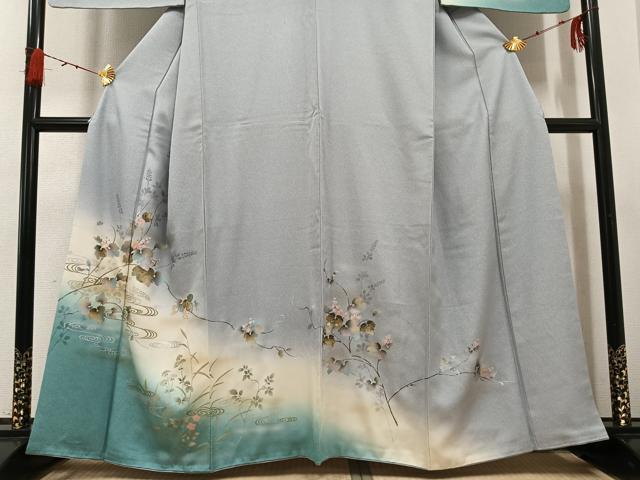 平和屋着物●訪問着　流水枝花文　暈し染め　金銀彩　正絹　逸品　AABG7101ph