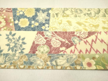 平和屋着物●全通柄九寸名古屋帯　紬地　辻が花　草花文　正絹　逸品　DABD0343op