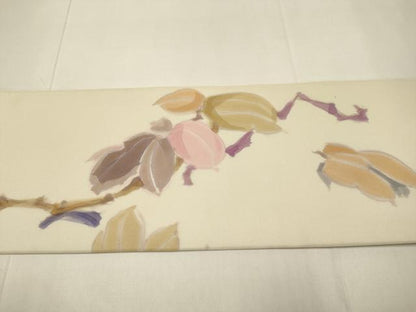 平和屋着物●塩瀬　九寸名古屋帯　作家物　手描き　草花文　正絹　逸品　DABD2148du