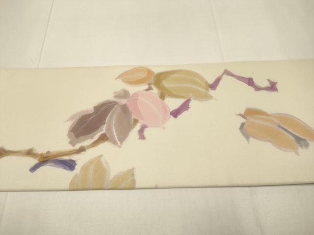 平和屋着物●塩瀬　九寸名古屋帯　作家物　手描き　草花文　正絹　逸品　DABD2148du