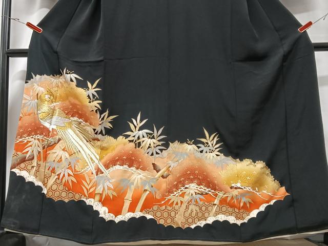 平和屋着物■豪華黒留袖　刺繍　尾長鳥松文　金彩　正絹　逸品　CABD6854xe