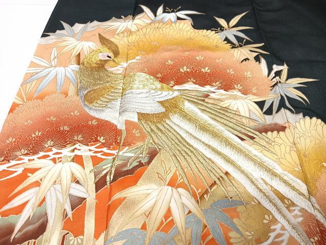 平和屋着物■豪華黒留袖　刺繍　尾長鳥松文　金彩　正絹　逸品　CABD6854xe