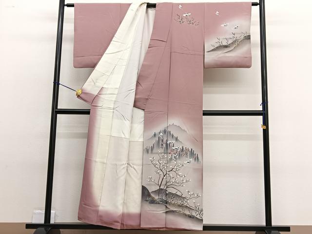 平和屋着物■訪問着 手描き 飛鶴風景文 暈し染め 金銀彩 正絹 逸品 BAAW4828hv