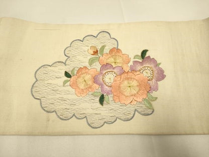 平和屋着物●アンティーク　大正ロマン　九寸名古屋帯　駒刺繍　総刺繍　片輪車花文　金糸　正絹　逸品　DABD2030du