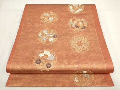 平和屋着物◎六通柄袋帯 花鳥丸文 金糸 正絹 逸品 AABF8066wj