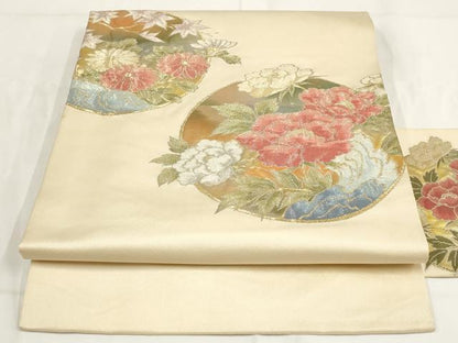 平和屋着物◎九寸名古屋帯　草花丸文　金銀糸　正絹　逸品　AABF8079wj