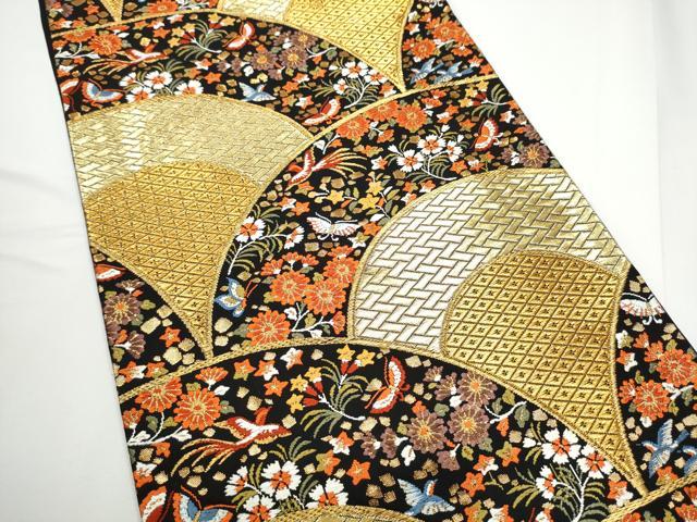 平和屋着物●西陣　河合美術織物謹製　六通柄袋帯　唐織　扇面花蝶文　黒地　金糸　正絹　逸品　CABE0097hy