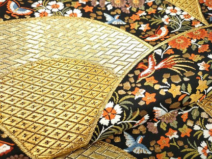 平和屋着物●西陣　河合美術織物謹製　六通柄袋帯　唐織　扇面花蝶文　黒地　金糸　正絹　逸品　CABE0097hy
