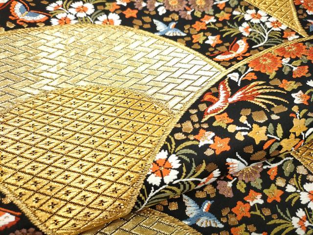 平和屋着物●西陣　河合美術織物謹製　六通柄袋帯　唐織　扇面花蝶文　黒地　金糸　正絹　逸品　CABE0097hy