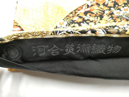 平和屋着物●西陣　河合美術織物謹製　六通柄袋帯　唐織　扇面花蝶文　黒地　金糸　正絹　逸品　CABE0097hy