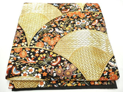 平和屋着物●西陣　河合美術織物謹製　六通柄袋帯　唐織　扇面花蝶文　黒地　金糸　正絹　逸品　CABE0097hy
