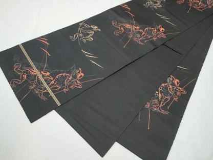 平和屋着物●六通柄袋帯　河童　カッパ　黒地　金糸　正絹　逸品　CABE0092hy