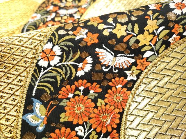 平和屋着物●西陣　河合美術織物謹製　六通柄袋帯　唐織　扇面花蝶文　黒地　金糸　正絹　逸品　CABE0097hy