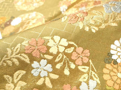 平和屋着物●西陣　河合美術織物謹製　六通柄袋帯　唐織　草花丸文　金糸　正絹　逸品　CABE0098hy