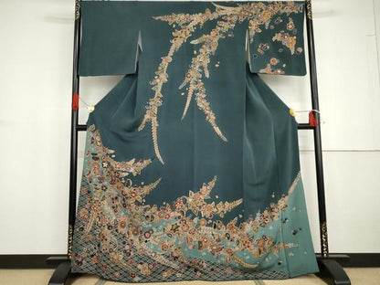 平和屋着物●訪問着　中国三大刺繍　汕頭刺繍　スワトウ刺繍　相良刺繍　雪輪枝花文　金糸　鬼しぼ縮緬　正絹　逸品　AABG6708cs