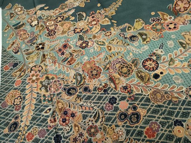 平和屋着物●訪問着　中国三大刺繍　汕頭刺繍　スワトウ刺繍　相良刺繍　雪輪枝花文　金糸　鬼しぼ縮緬　正絹　逸品　AABG6708cs