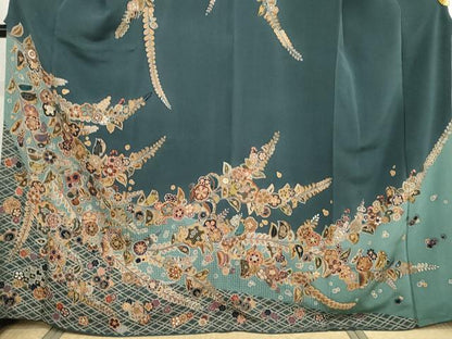 平和屋着物●訪問着　中国三大刺繍　汕頭刺繍　スワトウ刺繍　相良刺繍　雪輪枝花文　金糸　鬼しぼ縮緬　正絹　逸品　AABG6708cs