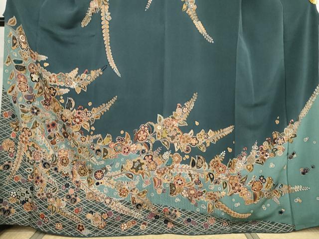 平和屋着物●訪問着　中国三大刺繍　汕頭刺繍　スワトウ刺繍　相良刺繍　雪輪枝花文　金糸　鬼しぼ縮緬　正絹　逸品　AABG6708cs