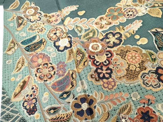 平和屋着物●訪問着　中国三大刺繍　汕頭刺繍　スワトウ刺繍　相良刺繍　雪輪枝花文　金糸　鬼しぼ縮緬　正絹　逸品　AABG6708cs